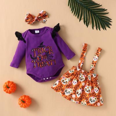 China QUICK DRY 2021 New Baby Halloween Clothes Baby Clothes Sets 3 Pcs Sets Letter Flying Sleeve Tops+print Suspender Skirt+headband 0-18M for sale