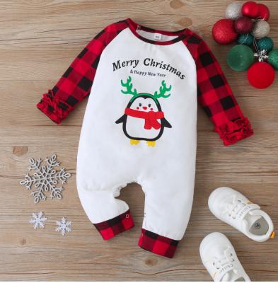 China Spandex/Cotton Xmas Penguin Cartoon Print Plaid Red Patchwork Baby Overalls Casual Knitted Romper Christmas Baby Clothes for sale