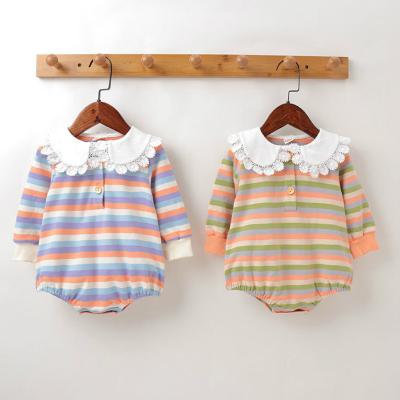 China Polyester/Cotton Baby Winter Clothes Long Sleeve Cotton Flower Lace Turn-Down Collar Rainbow Striped Baby Romper Cute Baby Overalls 6-18M for sale