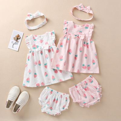 China Casual Newborn Babies Clothes Dress+Briefs+Bow Sleeveless Headband 3PCS Team Cherry Printed Clothing Sets Sunsuit 0-24M for sale