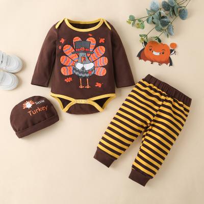 China New CASUAL Thanksgiving Clothes Newborn Baby Clothes Sets 3 Piece Cotton Turkey Print Bodysuit+striped Trousers+hat 0-18M Long Sleeve for sale