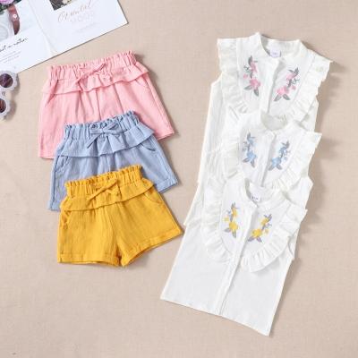 China QUICK DRY Summer Girls Outfits Single Breasted Embroidered Flower Ruffles Sleeveless Tops+Shorts Pants Girls Clothing Set Baby Clothes 0-3Y for sale