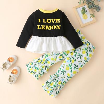 China New casual lemon fruit flower floral print flared pants casual sweet girl clothes set 1 to 6 years old children girls clothing set for sale