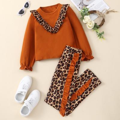 China Fashion Fashion Clothes Spring Autumn Children Clothes Girls 2pcs Sets Leopard Print Ruffles Long Sleeve Tops+trousers Kids Clothes 5-10Y for sale