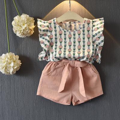 China Sweet Girls Clothing Sets Summer Kids Clothes Floral Chiffon Halter+Embroidered Shorts Straw Children Clothing for sale