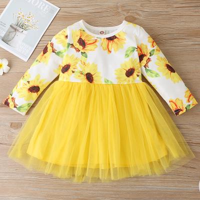 China New Breathable Children Dresses For Field Autumn Kids Clothes 1-6Y Mesh Baby Girl Dress Casual Patchwork Sleeve Cute Sunflower Print Girls Long for sale