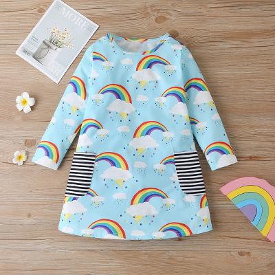 China Breathable Cotton Baby Dress Rainbow Print Striped Pocket Long Sleeve Princess Kids Straight Dress Winter Party Baby Clothes 1-6Y for sale