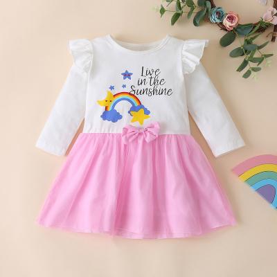 China New Breathable Kids Dresses For Girls Rainbow Star Moon Letter Printing Bow Flight Sleeve Patchwork Princess Dress Baby Girl Long Clothes 1-6Y for sale