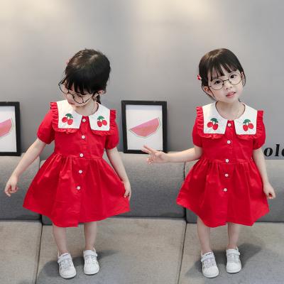 China 2021 Breathable Soft Kids Dresses For Toddler Girls Summer Team Cherry Embroidery Turndown Collar Short Sleeve Girls Dresses 0-5Y for sale