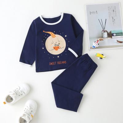 China Moon Tea Breathable Dark Blue Cartoon Printed Winter Soft Dreamy Breathable Knitted Baby Clothes Set Pajamas Baby Kids for sale