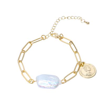 China 2021 baroque big hip pop style cooper chain gold plated coin square bead bracelet for women for sale