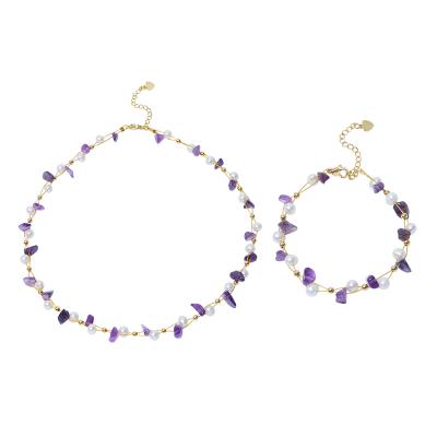 China Elegant Lady Style Elegant Lady Style 2021 Purple Stone 14K Gold Plated Round Pearl Bracelet Necklace Set For Women for sale