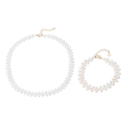 China 2021 Stylish High Quality Stylish Style Gold Plated Chain Near Round Baby Pearl Bracelet Necklace Set for sale