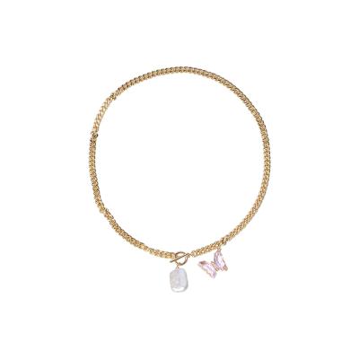 China CLASSIC Fashion 14K Gold Plated Color Chain Square Pink Butterfly Shape Pearl Pendant Necklace For Girls for sale