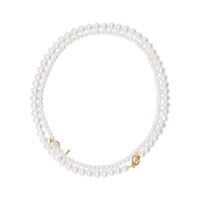 China Fashion Style CLASSIC Double Layered Design High Quality Freshwater Pearl 14K Gold Plated Clasp Necklace for sale