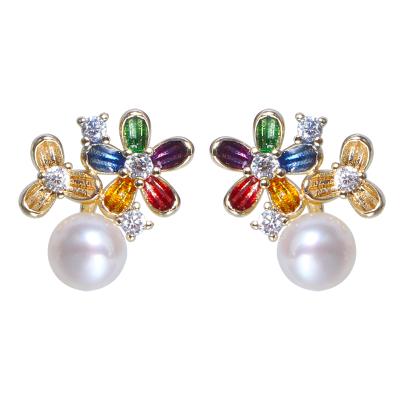 China CLASSIC 2021 summer hot sale multicolor gold plated flower design button pearl earring stud for sale