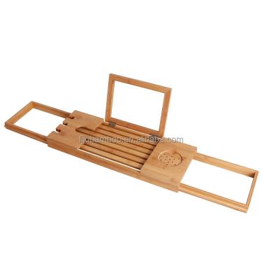 China Disposable Bathroom Bed Organizer Tray Natural Bamboo Luxury Extendable Bamboo Bathtub tray With Wine Holder for sale