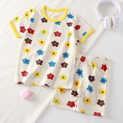 China Cotton Breathable Short Ribbed Pajamas Boy Wholesale Short Sleeve Kids Girl Summer Lounge Home Wear Clothing Set for sale