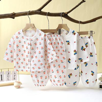 China Kids Girl Cotton Yarn Breathable Double Layer Wrinkled Cotton Boy Kids Lounge Wear Home Clothing Set for sale