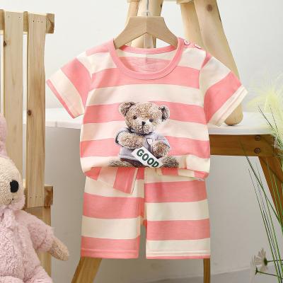 China Breathable Comfortable Cotton Bear Cartoon Pink Baby Kids Summer Wear Short Sleeve Boy Children Clothes Set for sale