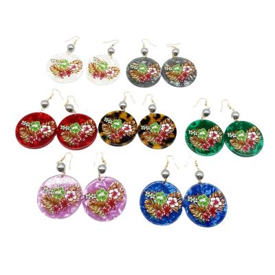 China Tonga Tortoiseshell Flower Printed Earrings Flower Acrylic Beads Dangle Earrings Round Shape With Beads For Women Ladies Girls for sale