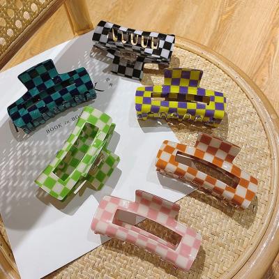 China Fahionable Acetate Hair Korean Rectangular Colorful Plaid Claw Big For Hair Thick Vintage Square Grid Hair Claws For Ladies for sale