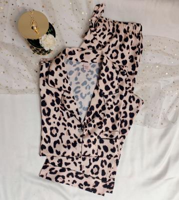 China Luxury QUICK DRY leopard print satin women pajamas set two pieces high quality long sleeves leopard printed women's sleepwear for sale