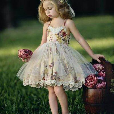 China Girls Princess Dress Summer Worsted Breathable Sleeveless A Line Flower Printed To Color Regular Length Children Kids Lace Up Dress for sale