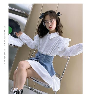 China 2021 New Spring Fation Dress Girl Anti-static Korean Ruffle Shirt Skirt Denim Size 2Pcs Dresses Children Girl Kids for sale