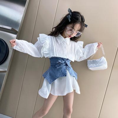 China New Summer Anti-static Girls Tulle Denim Belt Shirt Korean Style Pleated Long Sleeve Dress for sale