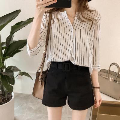 China 2021 New Summer Breathable Short Sleeve Button Blouses Women Tops Striped Shirts O Neck for sale