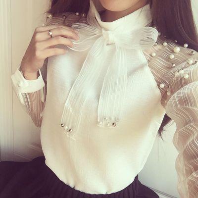 China Breathable Summer Organza Elegant Bow Pearl White Blouse Women Chiffon Casual Shirt Long Sheath Women's Tops for sale