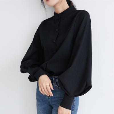 China Anti-pilling Big Lantern Sleeve Blouse Women Spring Single Breasted Stand Collar Shirts Office Work Solid Vintage for sale