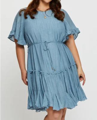 China Breathable 2022 Customized Solid Short Sleeve Blue Frill Detail Skater Plus Size Cause Dress for sale