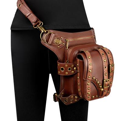 China Water Proof Punk Rock Locomotive Chain Leather Women's Shoulder Messenger Bag Men Waist Bag Motorcycle Brown Leg Bag for sale