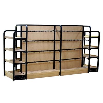 China Wig Shop Display Double Sided Metal And Wooden Shelf In Supermarket Display Rack for sale