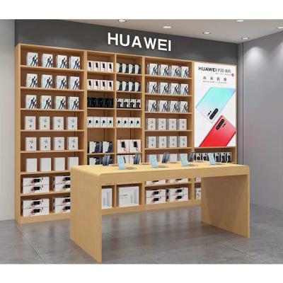 China Environmental friendly wood tabletop design for mobile phone store experience desktop mobile phone display cabinet accessory counter for sale