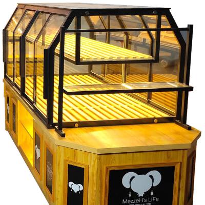 China Custom Floor Recyclable Material Wooden Bread Cake POP Display Cabinet for sale