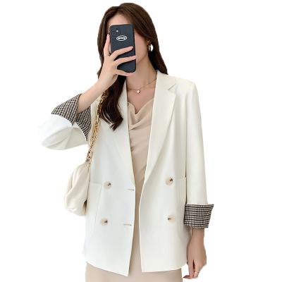 China korean version of long-sleeved top female niche anti-wrinkle plaid suit jacket design autumn small loose double-breasted casual suit for sale