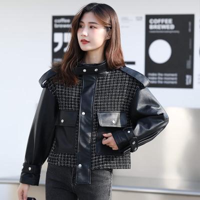 China Breathable custom women's leather jacket, short spring and autumn shorts, fragrant style small fried street coat, women's loose stitching for sale