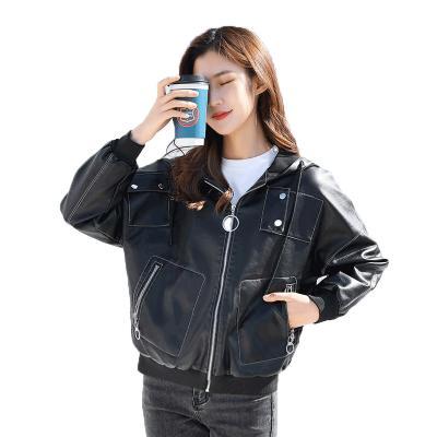 China 2021 Hot Selling Black OEM Motorcycle Fashion Jacket 2021 Women's Leather Jacket Fashion Short Hooded Lightweight Casual Jackets Waterproof for sale