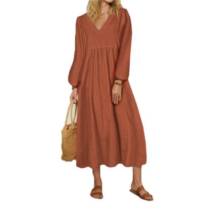 China New Orange Anti-Static Type Modest Women Casual Dress Chic Cotton V-neck Interesting Price for sale