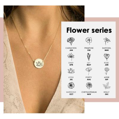 China eManco Environmental Friendly Customized Engrave Femal Stainless Steel Gold Floral Pendant Necklace With Birth Month Flowers for sale