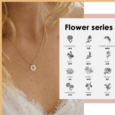 China Environmental Friendly Engrave Women Necklaces Birth Month Flowers Gold Necklace Stainless Steel Floral Pendant Gift For Her for sale