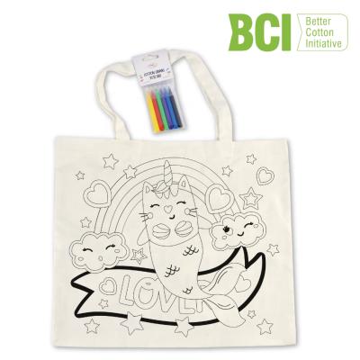 China Hot Selling 100% Cotton BCI Cotton Tote Bag With Markers For Kids Painting for sale