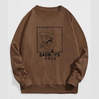 China Anti-wrinkle low moq cheap price crewneck sweatshirt custom cartoon graphic printed men basic brown sweatshirt for sale