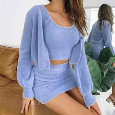 China Spring Autumn Women Knit Suit EasyGarment Fashion 3 Piece Mini Skirt Female Casual Sexy Top Single Breasted Jacket Suit for sale