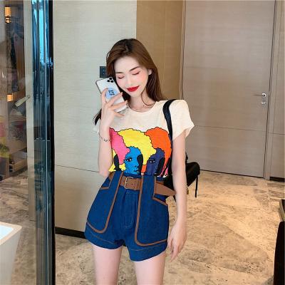 China Fashion Fashion EasyGarment 2021 Summer Style Graceful Korean Women Youth Suit Short Sleeve Shirt Denim Shorts Two Piece Suit For Women for sale