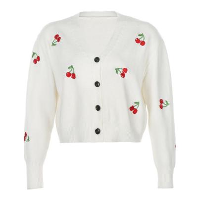 China Cute Shorts EasyGarment Cherry Knit Spring Embroidery Sweater Autumn Cute Casual Korean Style Long Sleeve Cute V-neck for sale