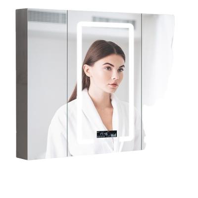 China Touch Switch with Time& temperature& Wi-Fi& Defogger& Lighting Type Modern Wall Mounted Fashion Bathroom Led Mirror Cabinet Storage Stainless Steel Mirror Cabinets for sale